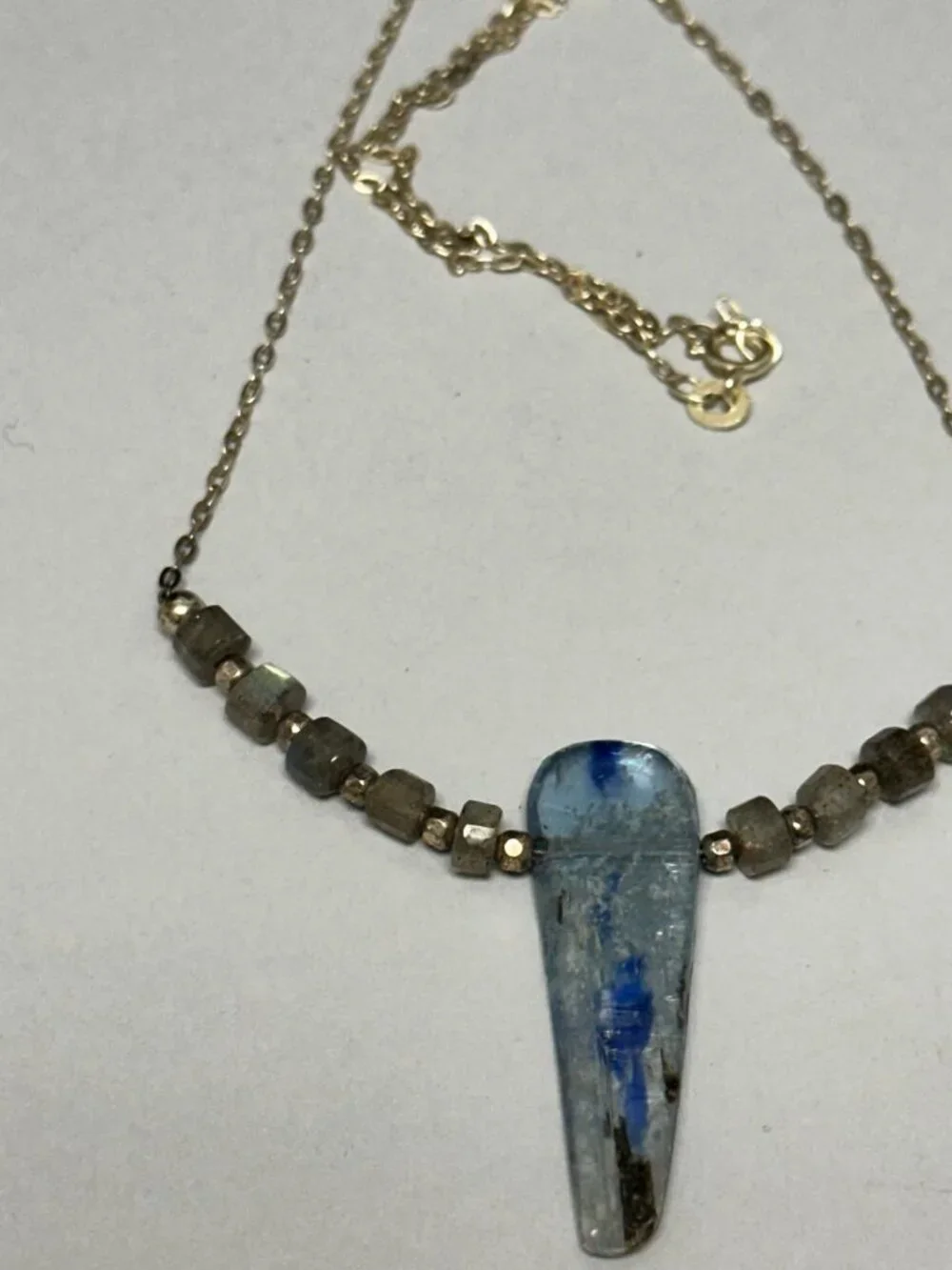 Kyanite Pendant Necklace Sterling Silver Blue Stone Beaded Chain Artisan